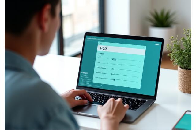 Eine Person sitzt vor einem Laptop und blickt auf einen Bildschirm, der einen Schritt-für-Schritt-Guide zur KI-Content-Erstellung anzeigt. Moderne, helle Einrichtung mit Pflanzen.