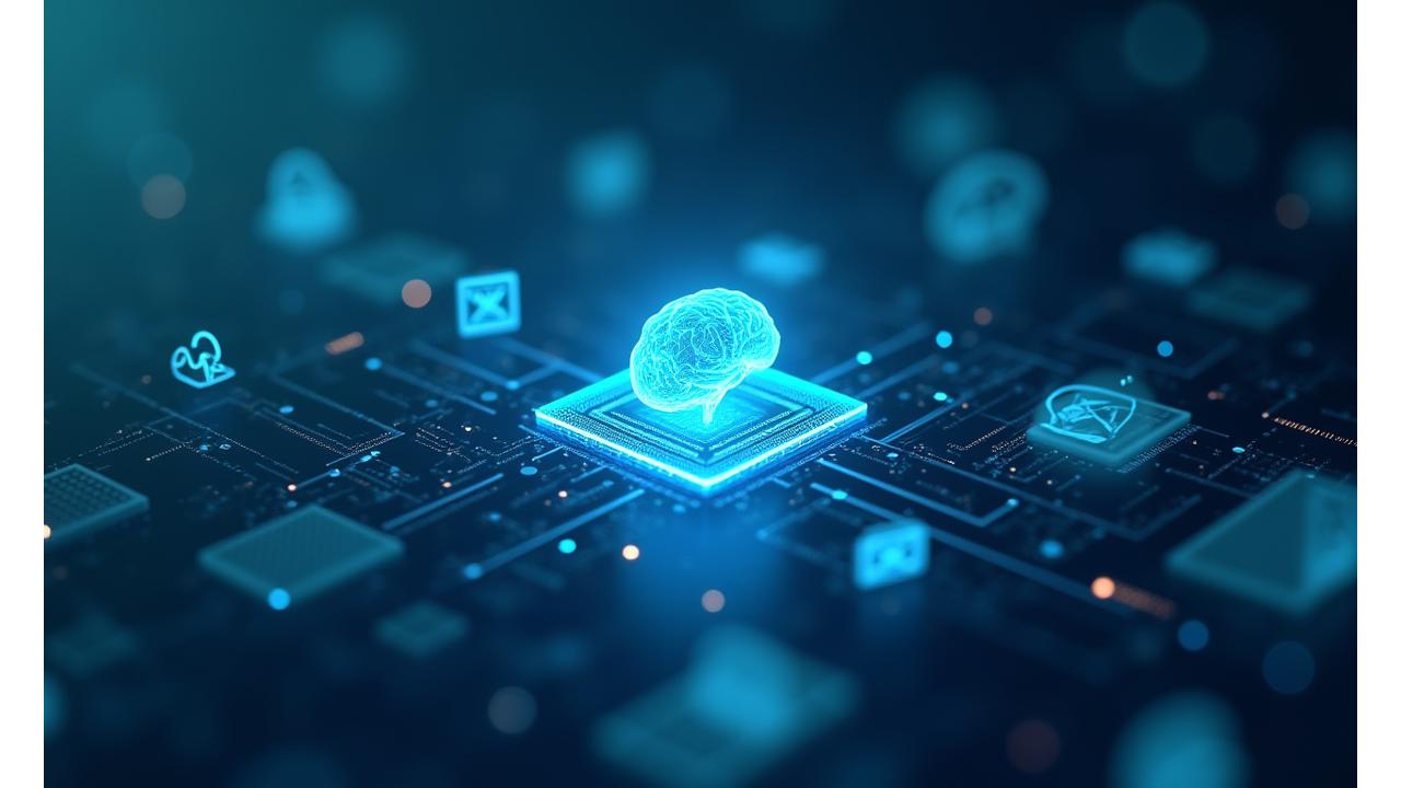 KI-gestützte Content-Erstellung: Ein kreativer Prozess mit KI-Unterstützung, dargestellt durch schwebende Ideen und Textelemente um einen stilisierten Gehirnchip.