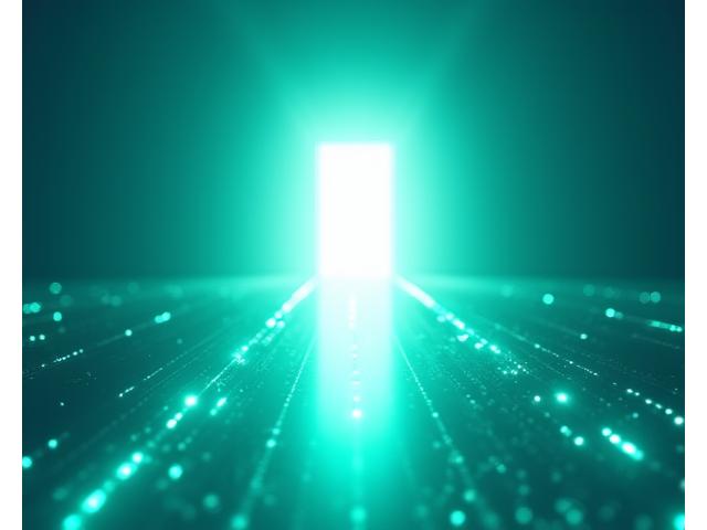 Eine leuchtende, futuristische Pfadlinie, die in ein helles, zugängliches digitales Tor führt, symbolisiert den Fortschritt in der inklusiven KI.