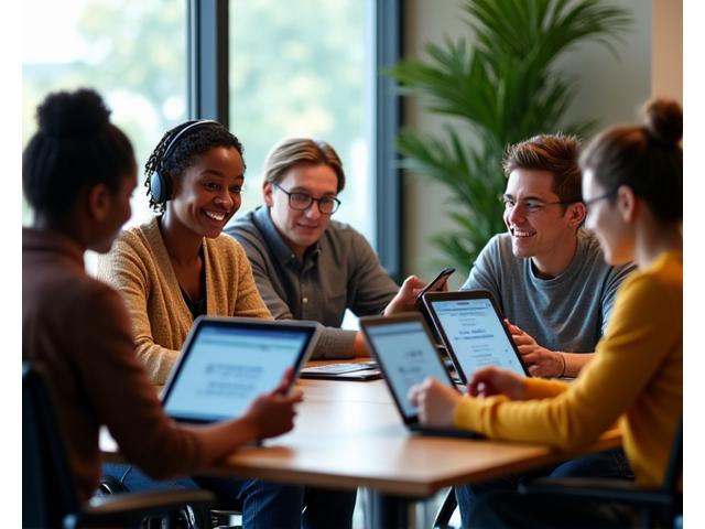 Eine diverse Gruppe von Menschen, darunter auch Personen mit sichtbaren Behinderungen, testet digitale Produkte auf Tablets und Laptops. Der Fokus liegt auf Inklusion.