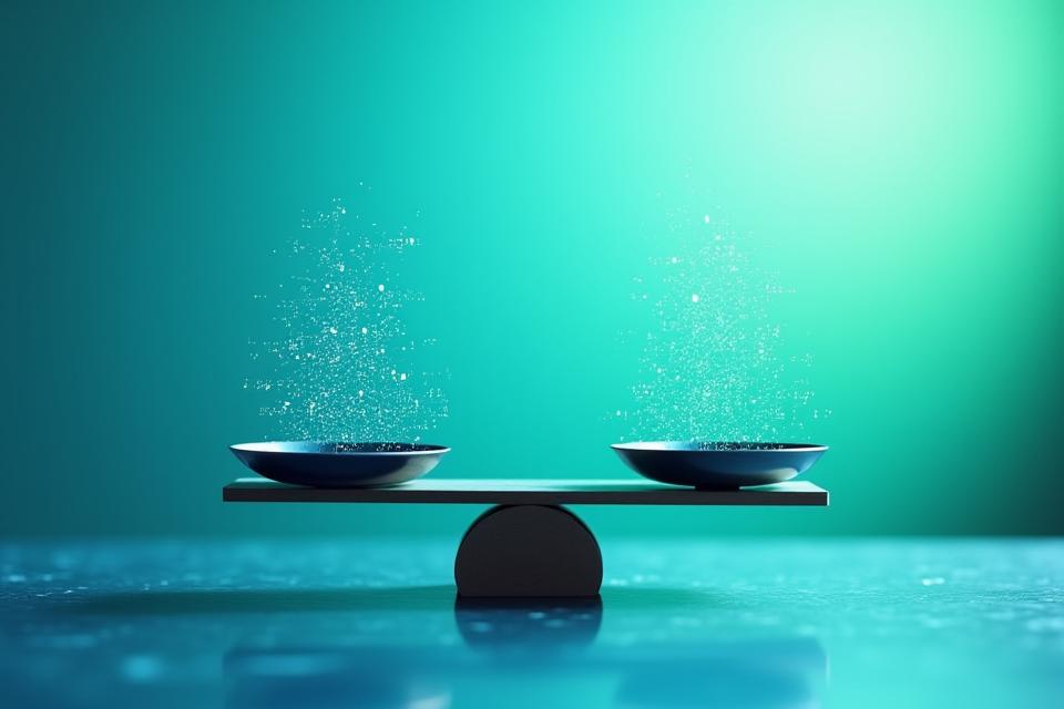 Waage mit rechtlichen Symbolen auf der einen Seite und abstrakten AI-Datenflüssen auf der anderen Seite, symbolisierend das Gleichgewicht und die Komplexität von KI und Recht.