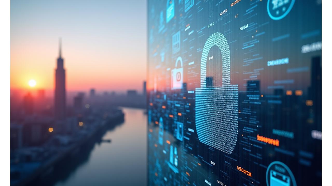Abstrakte Darstellung von Rechtstexten und Datenschutzsymbolen vor dem Hintergrund der Hamburger Skyline bei Sonnenuntergang, symbolisierend Transparenz und Sicherheit.