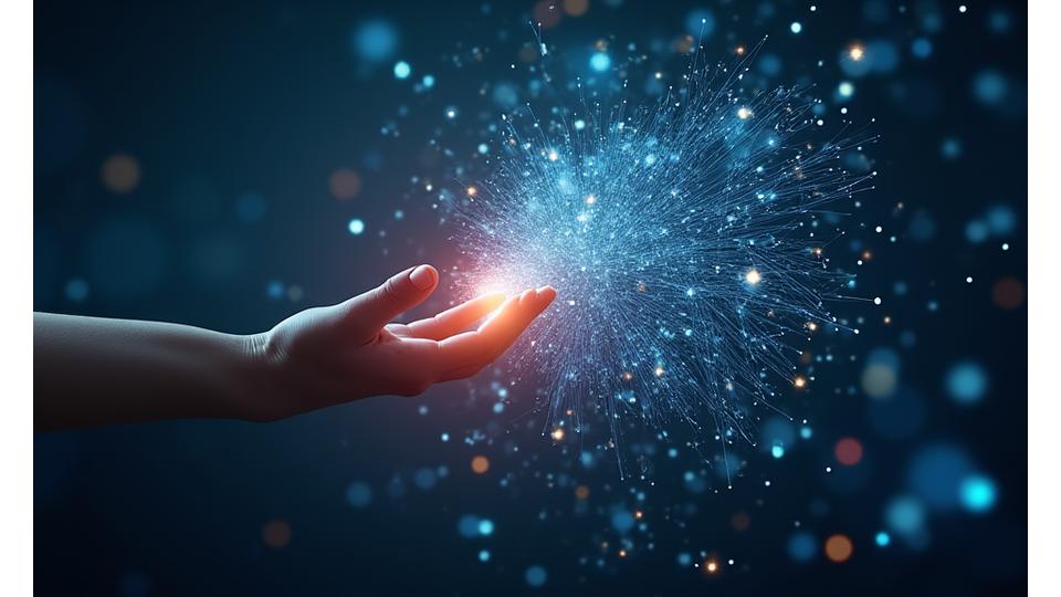 Stilisierte Hand, die über eine Leinwand fährt, auf der sich algorithmische Muster und Rechtsparagraphen digital manifestieren, symbolisierend das Urheberrecht an KI-Inhalten.