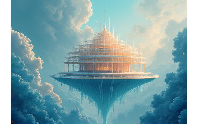 Surreale Darstellung der Elbphilharmonie, umgeben von schwebenden musikalischen Elementen und Wolken