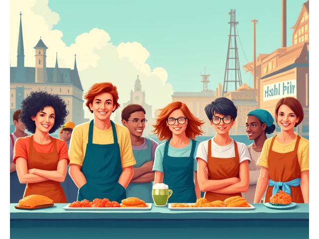 Illustration von bunten, stilisierten Charakteren am Hamburger Fischmarkt, generiert mit KI