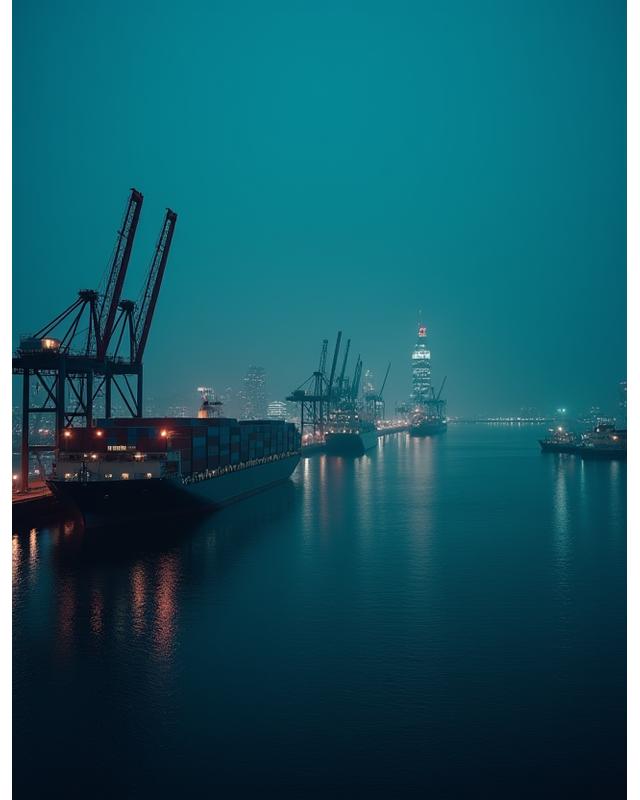 Dunkle, atmosphärische KI-generierte Szene des Hamburger Hafens bei Nacht mit leuchtenden Containern