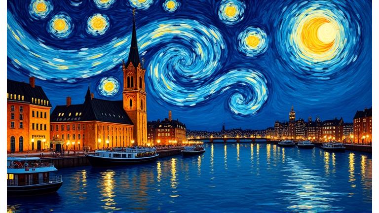 Hamburg-Panorama im Stil von Van Gogh, KI-generiert
