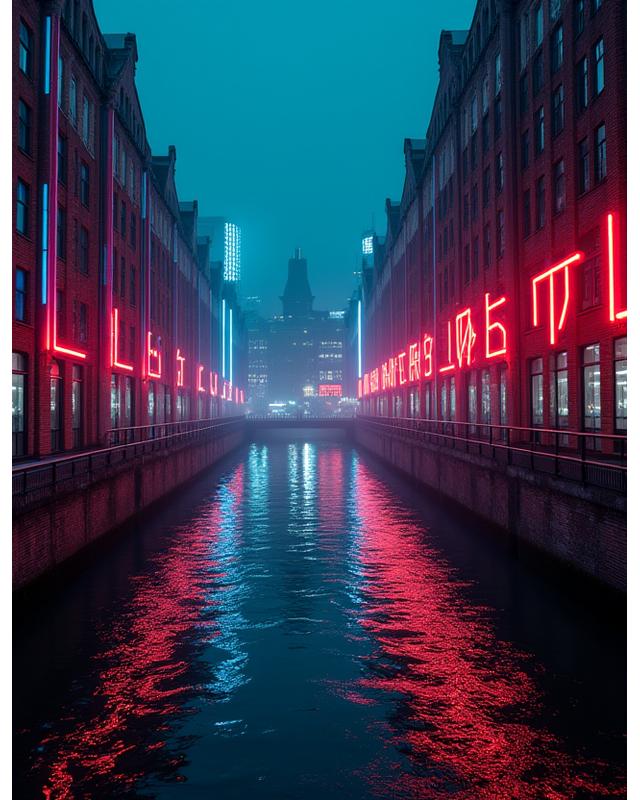 Futuristische Interpretation der Hamburger Speicherstadt mit Neonlicht-Details und Cyberpunk-Elementen