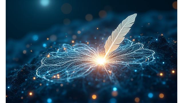 Ein abstraktes Netzwerk aus leuchtenden Linien, die ein Gehirn und eine Geschichte symbolisieren, zeigt die Verbindung von KI und Kreativität.