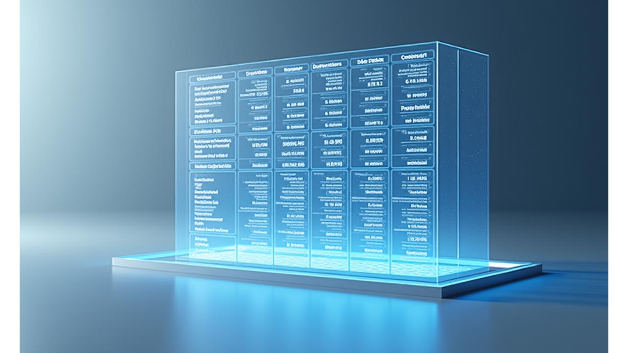 Detaillierte, interaktive Vergleichsmatrix oder Tabelle mit Spalten für Features, Performance, Preisgestaltung und Bewertungen für verschiedene SaaS-Tools.