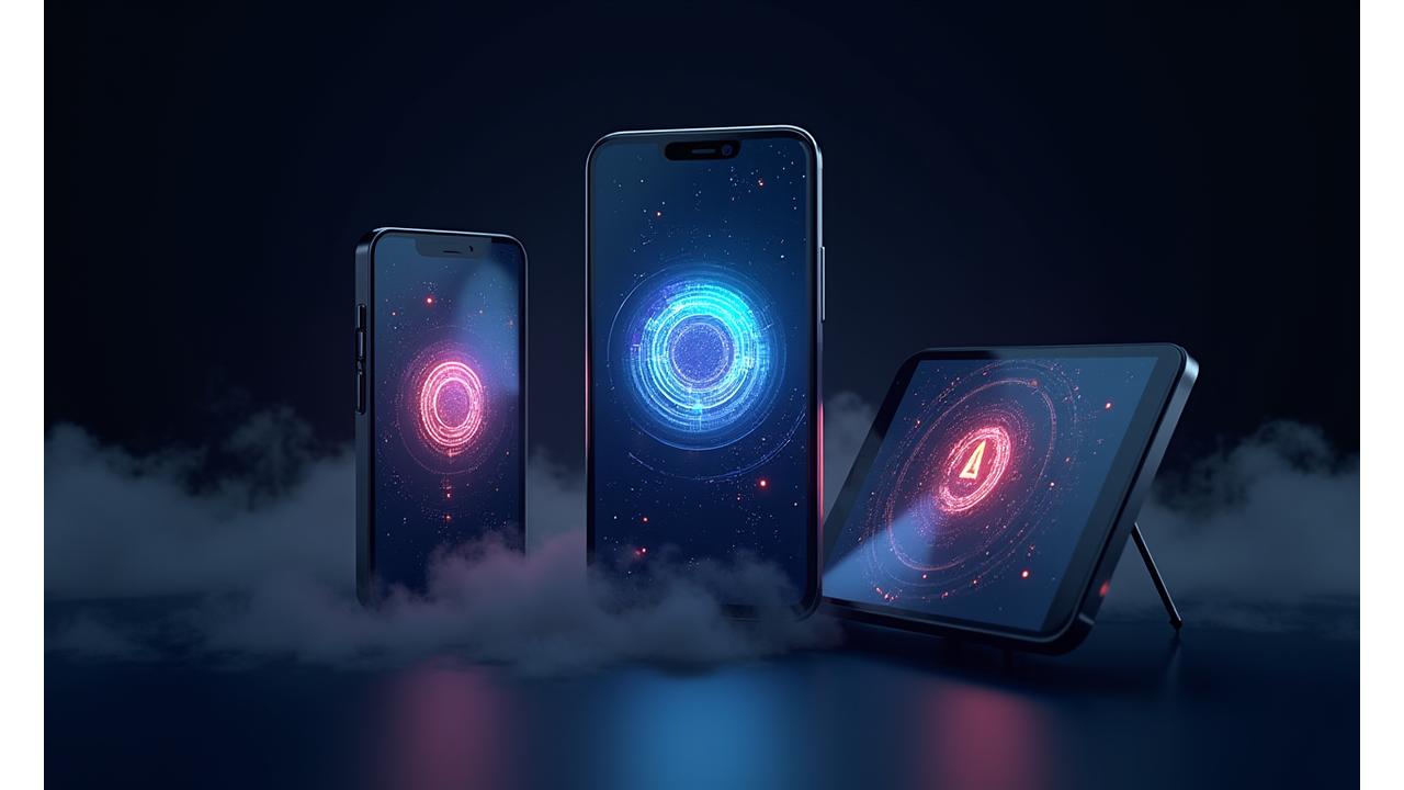Gruppe von futuristischen Smartphone- und Tablet-Screens, die App-Icons und Logos von aufstrebenden KI-Startups mit Fokus auf Content Creation zeigen.