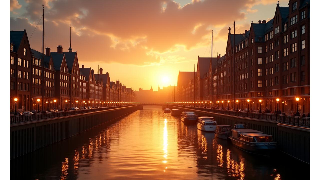 Stimmungsvolle Ansicht der Speicherstadt Hamburg bei Sonnenuntergang, mit modernen KI-Konzepten darüber gelegt