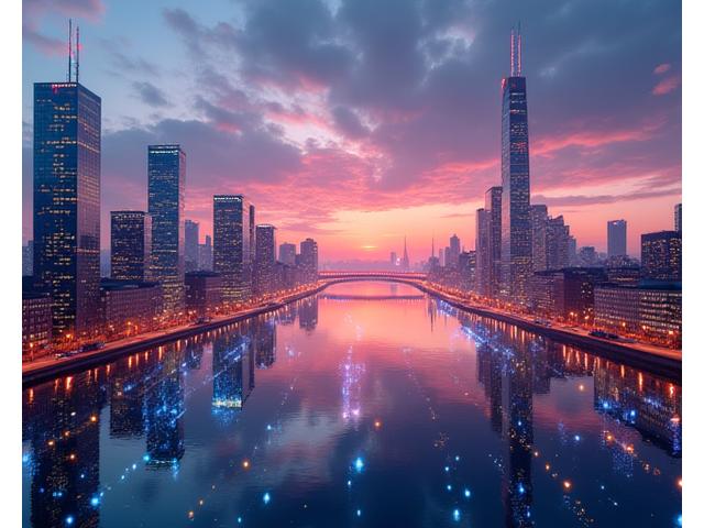 Abstrakte Darstellung einer Netzwerkstruktur, die sich über die Skyline von Hamburg spannt, symbolisierend globale Konnektivität und Innovation.